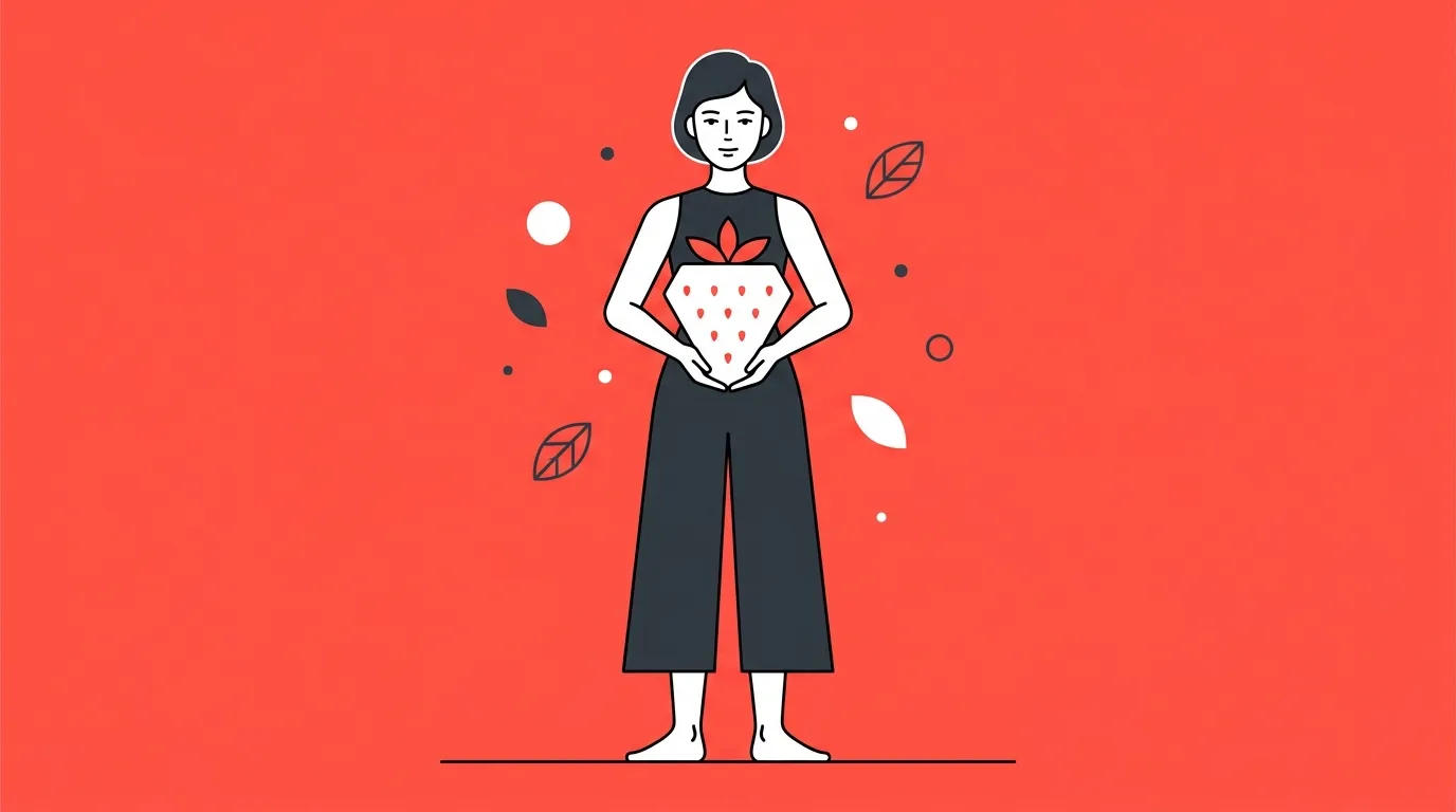 Femme avec fraise géante sur fond rouge