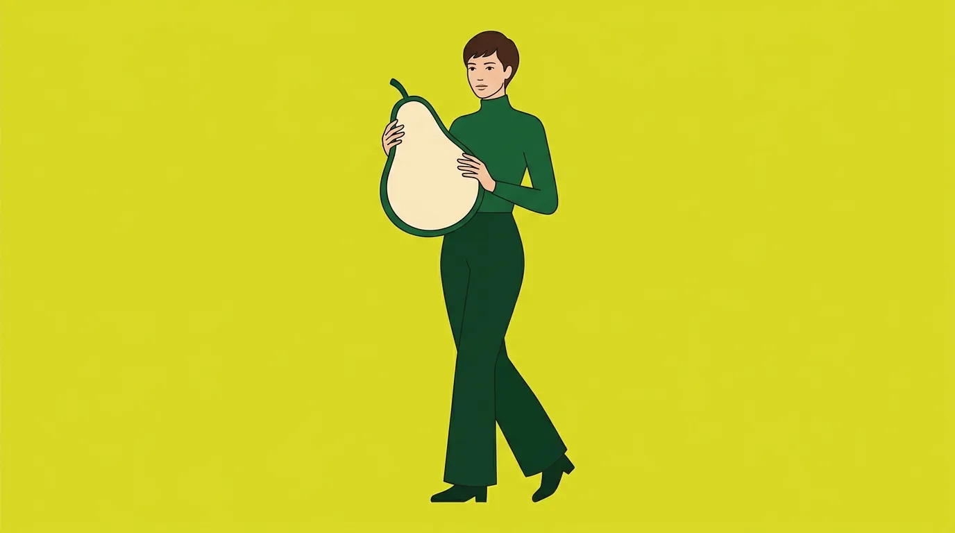 Illustration d'une femme en vert tenant une poire stylisée