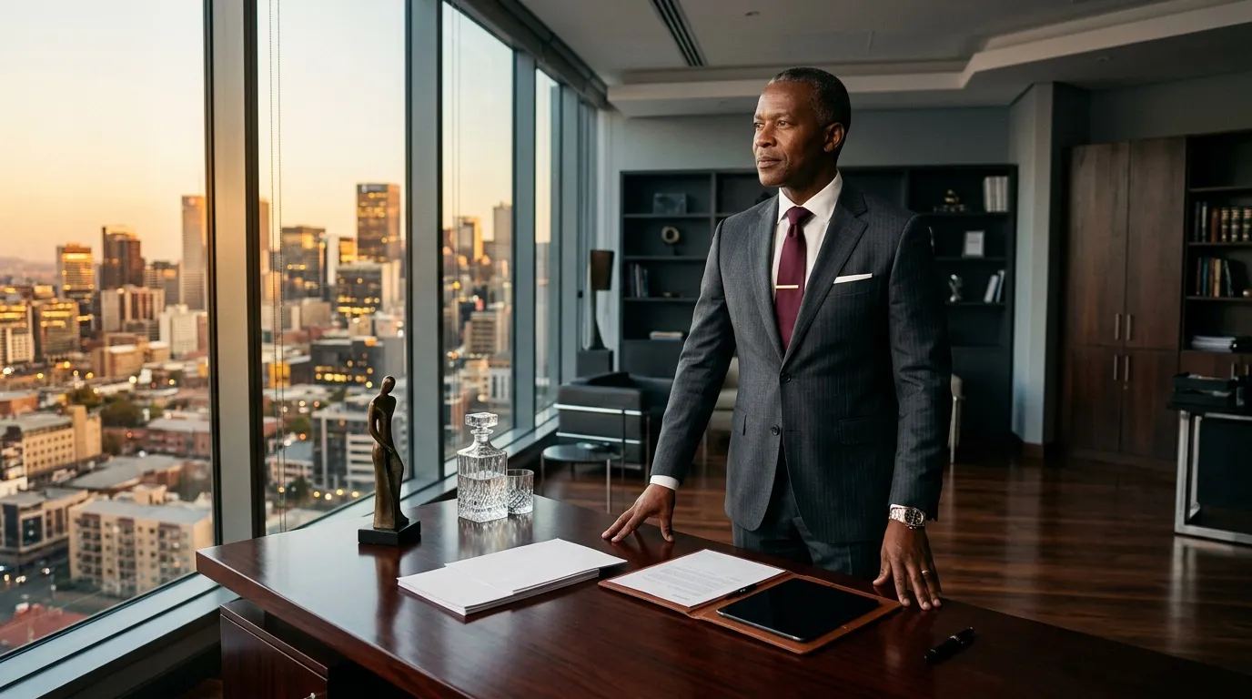 Homme d'affaires en costume gris contemplant la ville depuis gratte-ciel