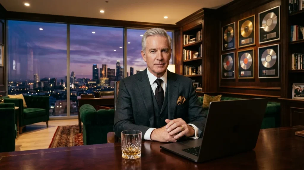 Homme d'affaires en costume dans bureau moderne avec vue urbaine