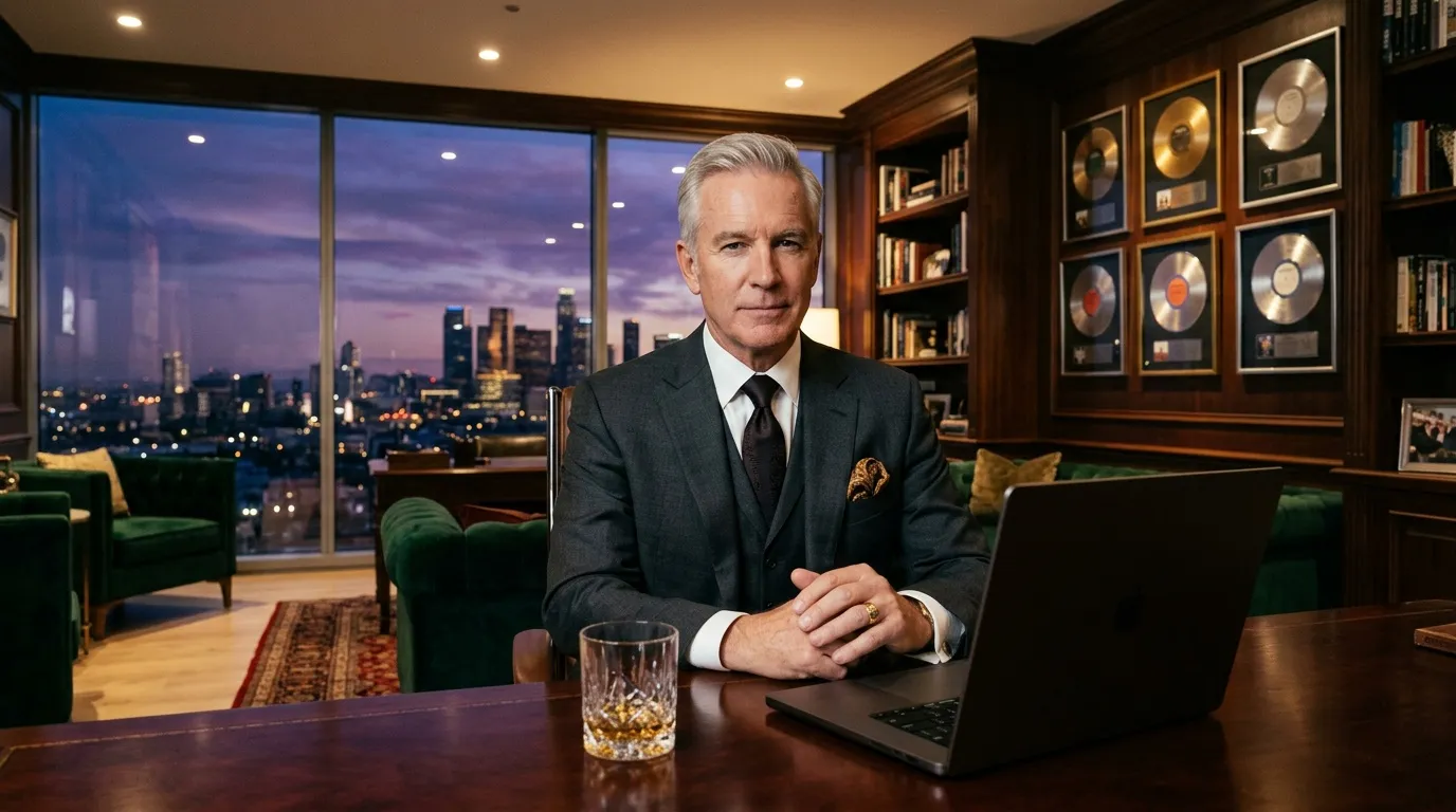 Homme d'affaires en costume dans bureau moderne avec vue urbaine