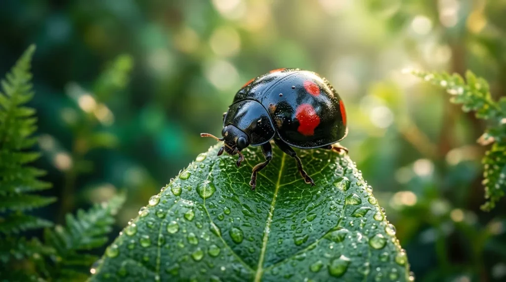 Coccinelle rouge et noire posée sur feuille verte avec gouttes de rosée