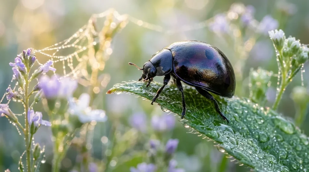Scarabée noir brillant sur feuille verte couverte de gouttes pluie