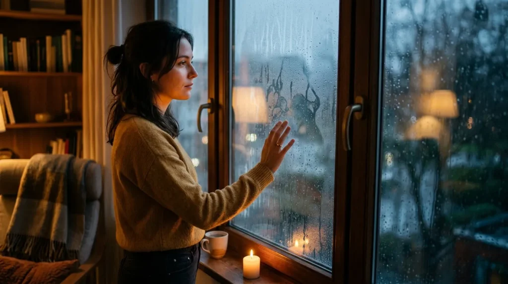 Femme regardant par la fenêtre pendant la pluie, bougie allumée