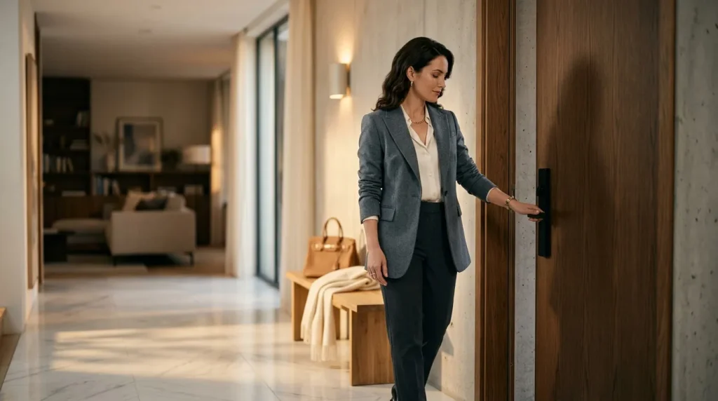 Femme en tenue professionnelle ouvrant une porte moderne