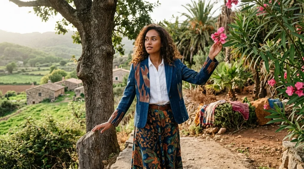 Femme souriante touchant fleurs roses en jardins méditerranéens