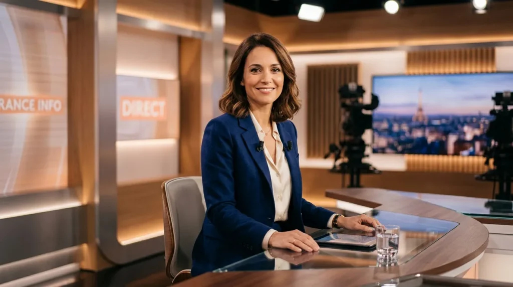 Femme journaliste souriante au bureau de télévision